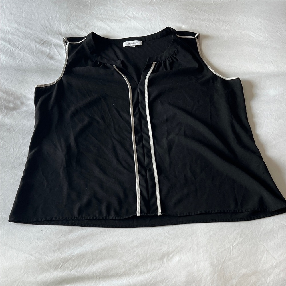 Calvin Klein Sleeveless Black Tank Top with White Trim Accents